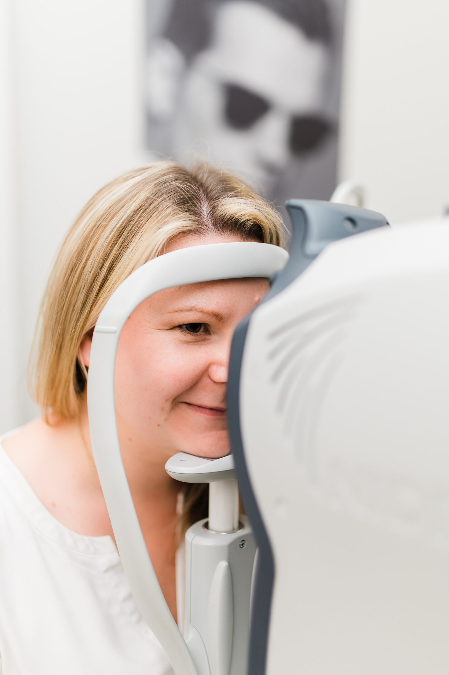 A woman sits for an eye exam in Kamloops at Nicola Eye Care