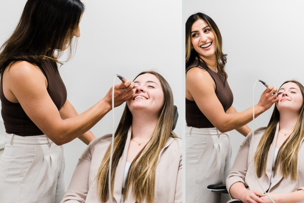 Radiofrequency dry eye treatment being performed around a patient’s eyes at Nicola Eye Care in Kamloops.