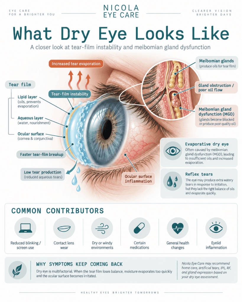 Dry eye diagram showing tear-film instability, meibomian gland dysfunction, increased tear evaporation, inflammation, and common dry eye contributors.